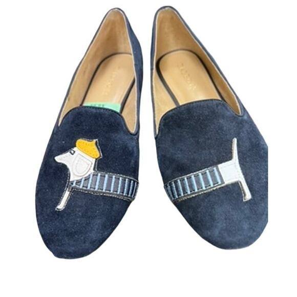 Talbots Ryan Suede Smoking Slippers Loafers Shoes Size 7 Navy Blue DACHSHUND Dog - Picture 1 of 8